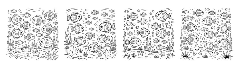 Fototapeta premium Underwater coloring book pages for kids, set of four cute fish illustrations, black and white sea life line art, ocean animal activity sheets