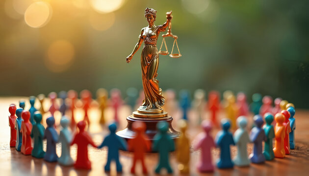 Golden statue of justice with scales surrounded by diverse colorful people. Statue represents fairness, equality. People stand in circle around statue unity, balance. Concept of social justice, human
