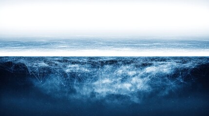 Abstract Digital Landscape with Ocean and Sky Connection, Illuminated with Blue Tones and Network Inspiration for Futuristic Concepts and Designs
