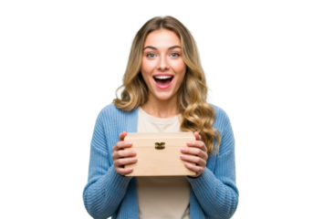 Excited young woman holding a wooden box isolated, happy girl with gift for surprise and celebration PNG