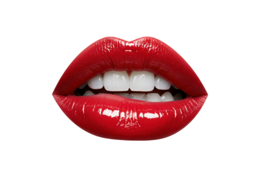 Glossy red lips with white teeth isolated on transparent background, seductive makeup for beauty and fashion