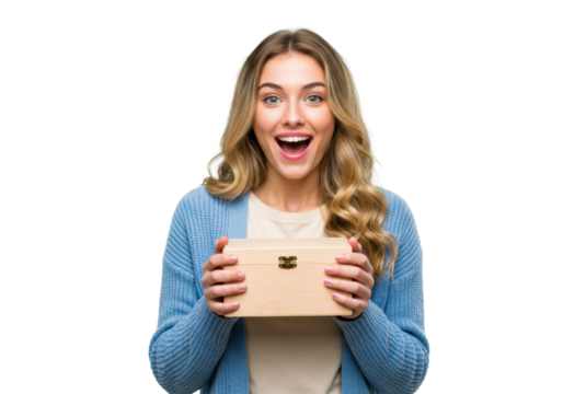 Excited young woman holding a wooden box isolated, happy girl with gift for surprise and celebration PNG