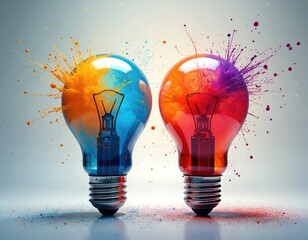 Two colorful light bulbs with paint splashes on a gradient background. Bulbs have silver bases and filaments. Blue bulb has yellow and orange splashes. Red bulb has purple and pink splashes.