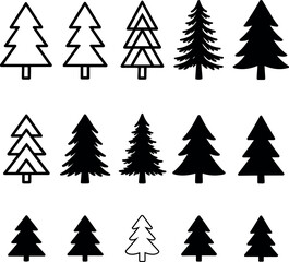 Vector collection of fifteen christmas tree illustrations in varying styles and densities shown