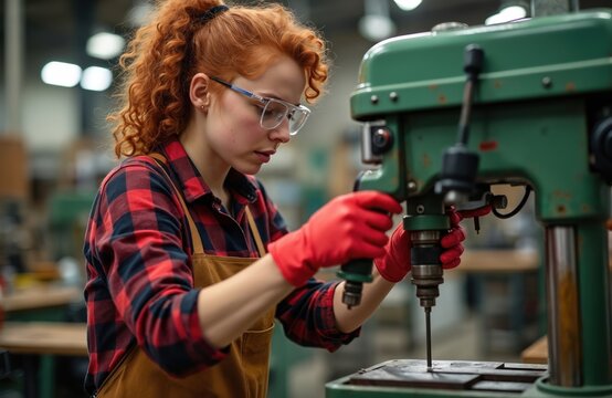 Young woman operates green drill press machine in workshop. Wears safety glasses, red gloves, brown apron, focused on metal work. Female engineer performs industrial task, showing skill, precision, - Powered by Adobe