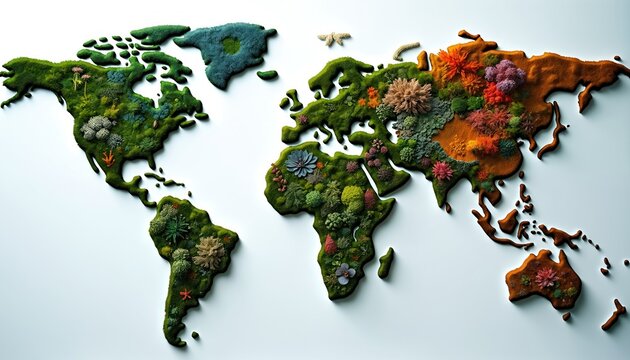 World map made of green, brown moss with colorful flowers, plants. Global biogeography map with diverse ecosystems across continents. Map flora, fauna of different regions. Green, brown colors