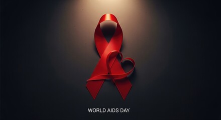 Vibrant red ribbon forming a heart shape, spotlighted on a dark background. A World AIDS Day concept for global HIV awareness, support, health, and collective solidarity.