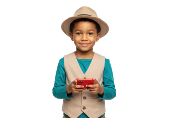 Smiling African boy in hat with red phone isolated on transparent PNG, happy child using smartphone for communication and entertainment
