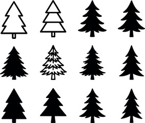 Vector illustration showcasing twelve stylized christmas tree icons in black and white colors