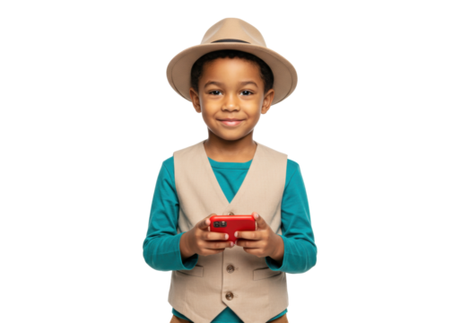 Smiling African boy in hat with red phone isolated on transparent PNG, happy child using smartphone for communication and entertainment