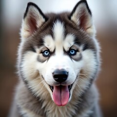 Fototapeta premium Young siberian husky puppy with bright blue eyes looks forward, mouth open, pink tongue out. Fur shows grey white, black markings. Face full of joy, innocence, capturing canine charm, domestic appeal.