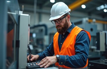 Skilled engineer operates CNC machine in modern factory. Man with beard, hard hat, safety vest adjusts industrial equipment. Worker monitors production process, controls complex machinery with focus,