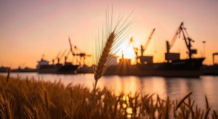 Fototapeta premium Golden wheat field foreground with large cargo ships and cranes in harbor at sunset symbolizing global grain trade and agricultural commerce movement across water routes and continents.