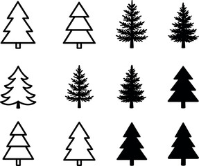 Obraz premium Vector illustration showing twelve stylized christmas trees in various line and solid styles