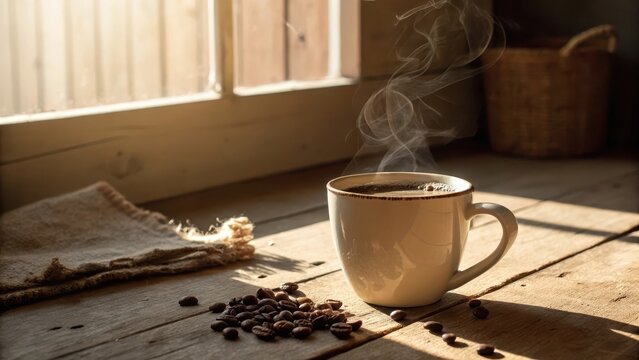 Steaming coffee mug on wooden table in warm morning light
