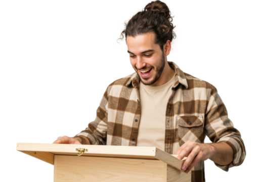 Excited man opening a wooden box isolated on transparent background, surprise gift concept in PNG format