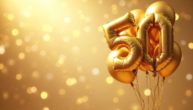 Golden balloons form number 50. Celebration for fiftieth birthday event. Shiny festive background. Anniversary greeting. Decorative fifty party. Golden bokeh lights effect. Congratulation banner