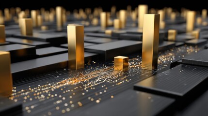 Golden structural forms rise over dark surface representing growth, wealth, success, and prosperity in an abstract financial or business concept