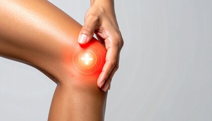 Gros plan sur une main tenant un genou douloureux avec une zone de douleur rouge et un signe plus, concept de blessure et de soin médical