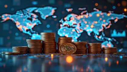 Stacks of gold coins with bitcoin in front of world map. Global finance money business digital exchange currency concept. Wealth growth investment banking background. International currency trade
