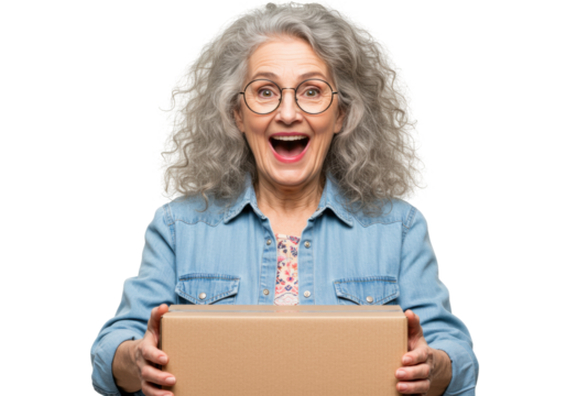 Excited senior woman with a cardboard box isolated on transparent background, receiving a package and smiling with joy