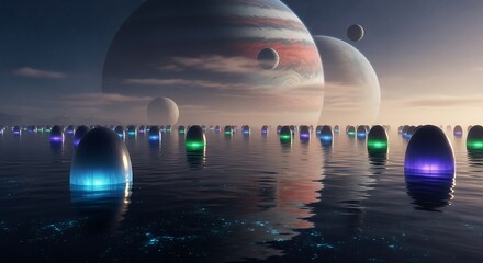 Surreal exoplanet landscape with luminous orbs scattered across a tranquil ocean surface under giant planets