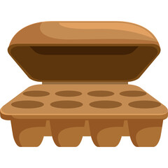 An Empty Brown Cardboard Egg Carton with Twelve Compartments Open to Reveal Circular Egg Holders on a Transparent Background