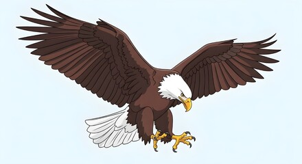 Obraz premium Majestic bald eagle soaring with powerful wings spread, symbolizing freedom and strength against a clear sky