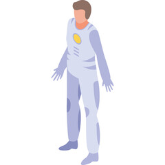 Astronaut In White And Purple Suit With Yellow Emblem Standing Against White Background Ready For Space Exploration