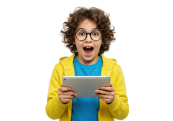 Excited curly-haired boy with glasses holding a tablet isolated, child using technology for education and entertainment