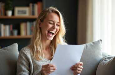 Young woman excitedly reads university acceptance letter. Sits on couch, holds paper, smiles. Blonde female student gets good news, feels happy. Wears casual clothes, sits at home, looks joyful.