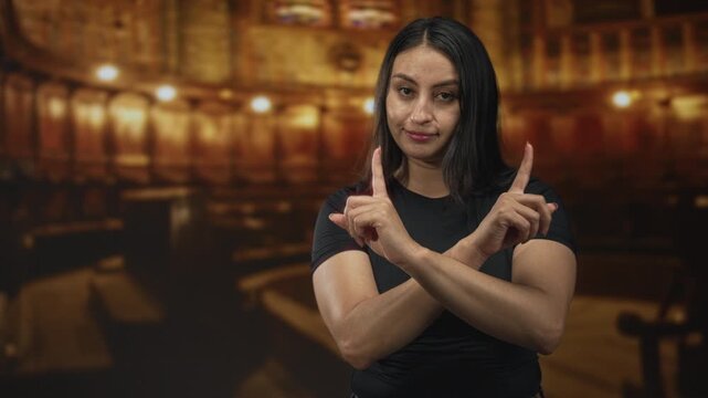 Woman crossing forearms in an x with raised index fingers inside a church building, facing camera; rejection.