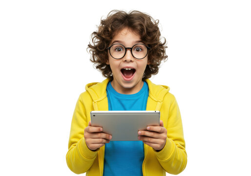 Excited curly-haired boy with glasses holding a tablet isolated, child using technology for education and entertainment
