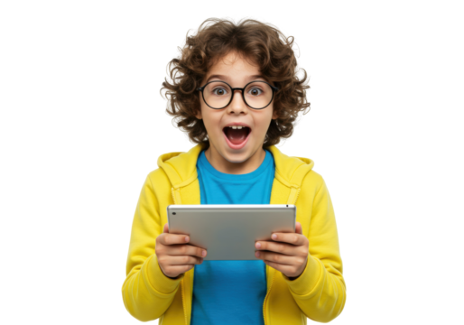Excited curly-haired boy with glasses holding a tablet isolated, child using technology for education and entertainment