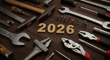Fototapeta premium Year 2026 displayed amidst various hand tools on a wooden surface