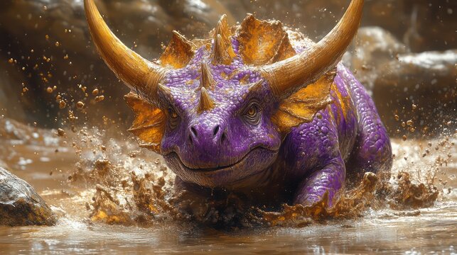 A playful baby ceratosaurus splashing in mud with a happy grin.