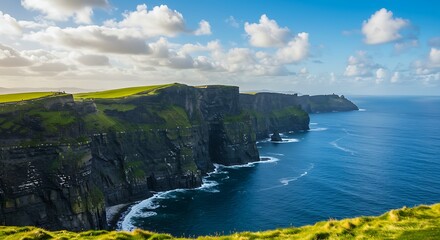 Dramatic coastal cliffs meet the ocean under a bright blue cloudy sky