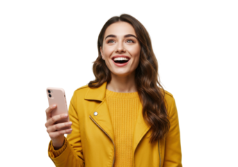 Excited young woman with phone isolated on white, happy girl in yellow jacket looking up with joy and holding smartphone
