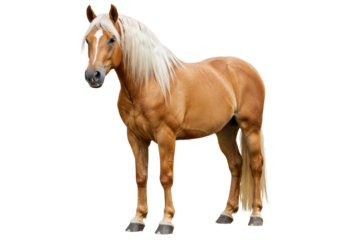 Palomino horse isolated on transparent background, golden coat equine with blonde mane and tail PNG