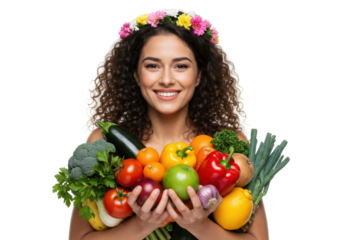 Smiling woman with flower crown holding fresh vegetables and fruits isolated, healthy eating and lifestyle concept