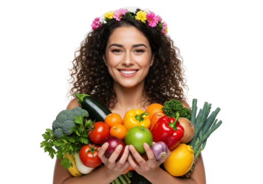 Smiling woman with flower crown holding fresh vegetables and fruits isolated, healthy eating and lifestyle concept