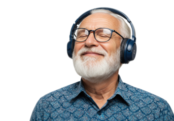 Senior man with headphones isolated on white, enjoying music with eyes closed, wearing glasses and a patterned shirt, studio shot