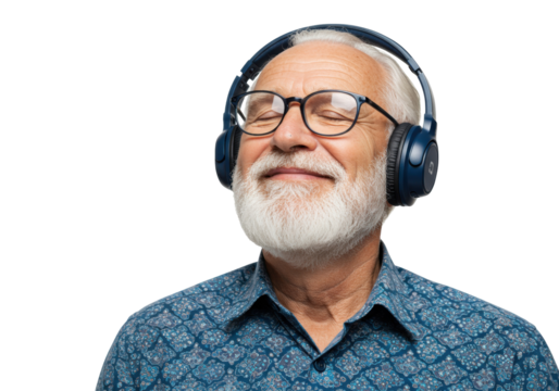 Senior man with headphones isolated on white, enjoying music with eyes closed, wearing glasses and a patterned shirt, studio shot