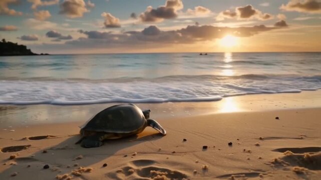 Sea turtle walking along the beach at sunset with gentle waves approaching