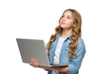 Naklejka premium Teenage girl holding laptop isolated on white, young woman with computer looking up thinking about ideas in studio shot PNG