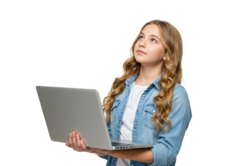 Teenage girl holding laptop isolated on white, young woman with computer looking up thinking about ideas in studio shot PNG