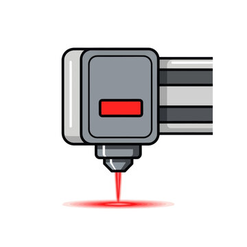 Laser cutting machine head with a red laser beam emitting, precision engineering and industrial technology