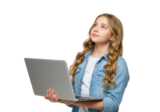 Teenage girl holding laptop isolated on white, young woman with computer looking up thinking about ideas in studio shot PNG