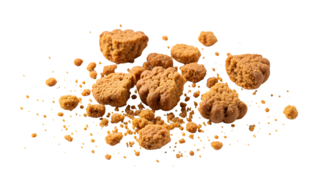 Delicious crushed ginger snap cookies scattered on a white background, a sweet treat for any occasion.