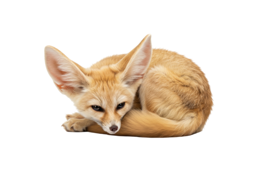 Adorable fennec fox curled up isolated on transparent background, small desert fox with large ears PNG